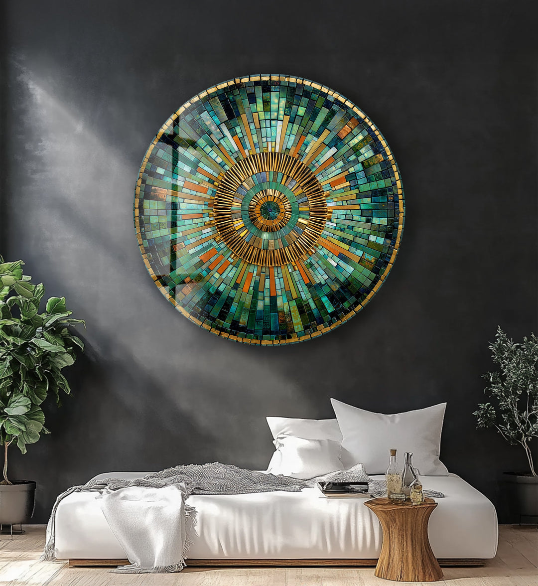 Golden Horizon – Emerald and Amber Mosaic Round Glass Wall Art