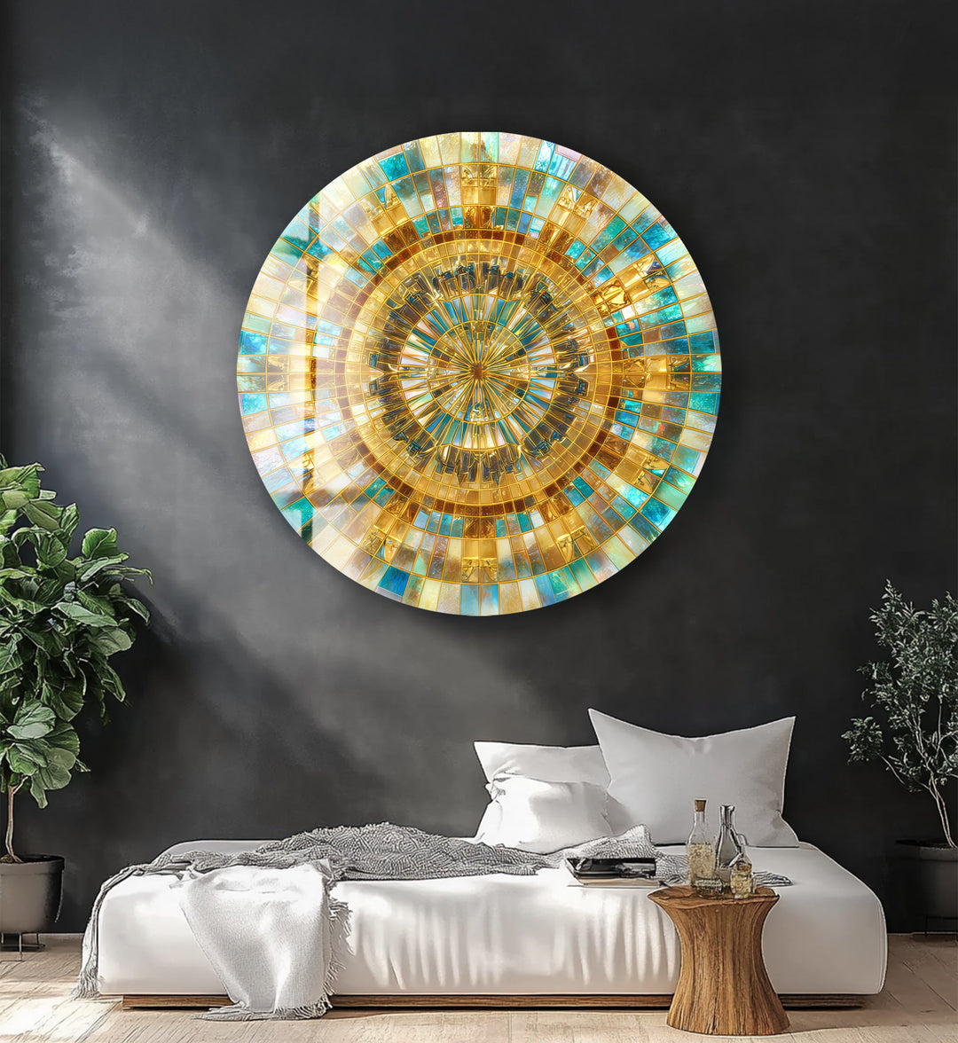 Radiant Gold and Aqua – Mandala Round Glass Wall Art