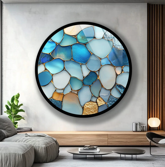 Ocean Blue Stone Mosaic Round Glass Wall Art - MyPhotoStation
