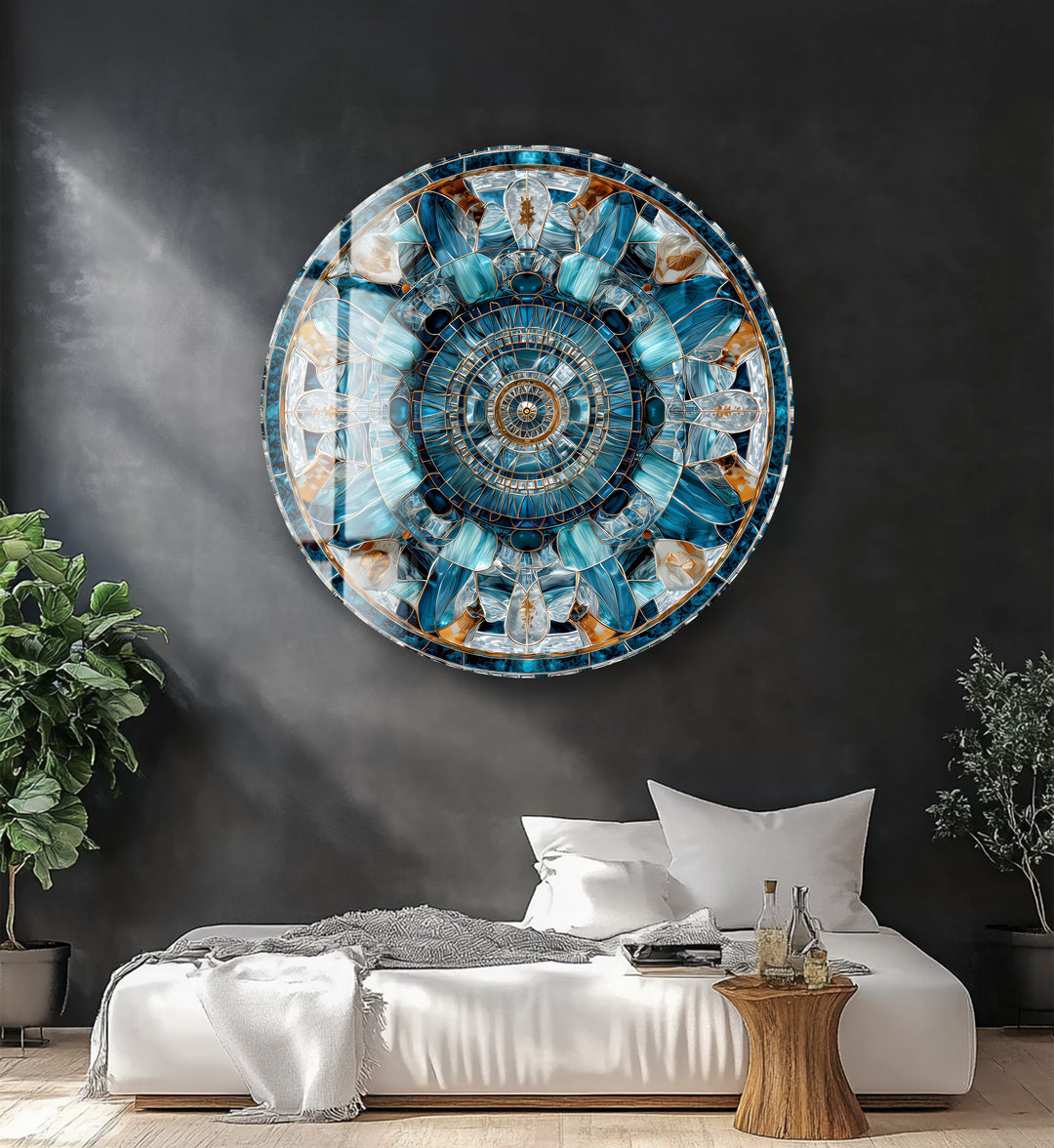 Celestial Compass Bloom – Round Glass Wall Art