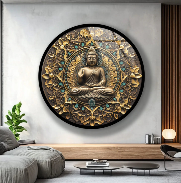Golden Mandala Buddha – Ornate Round Glass Wall Art - MyPhotoStation