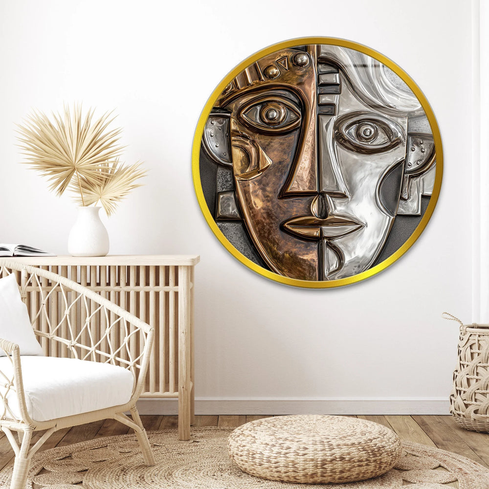 Dual Tone Abstract Face – Metallic Cubist Round Glass Wall Art - MyPhotoStation