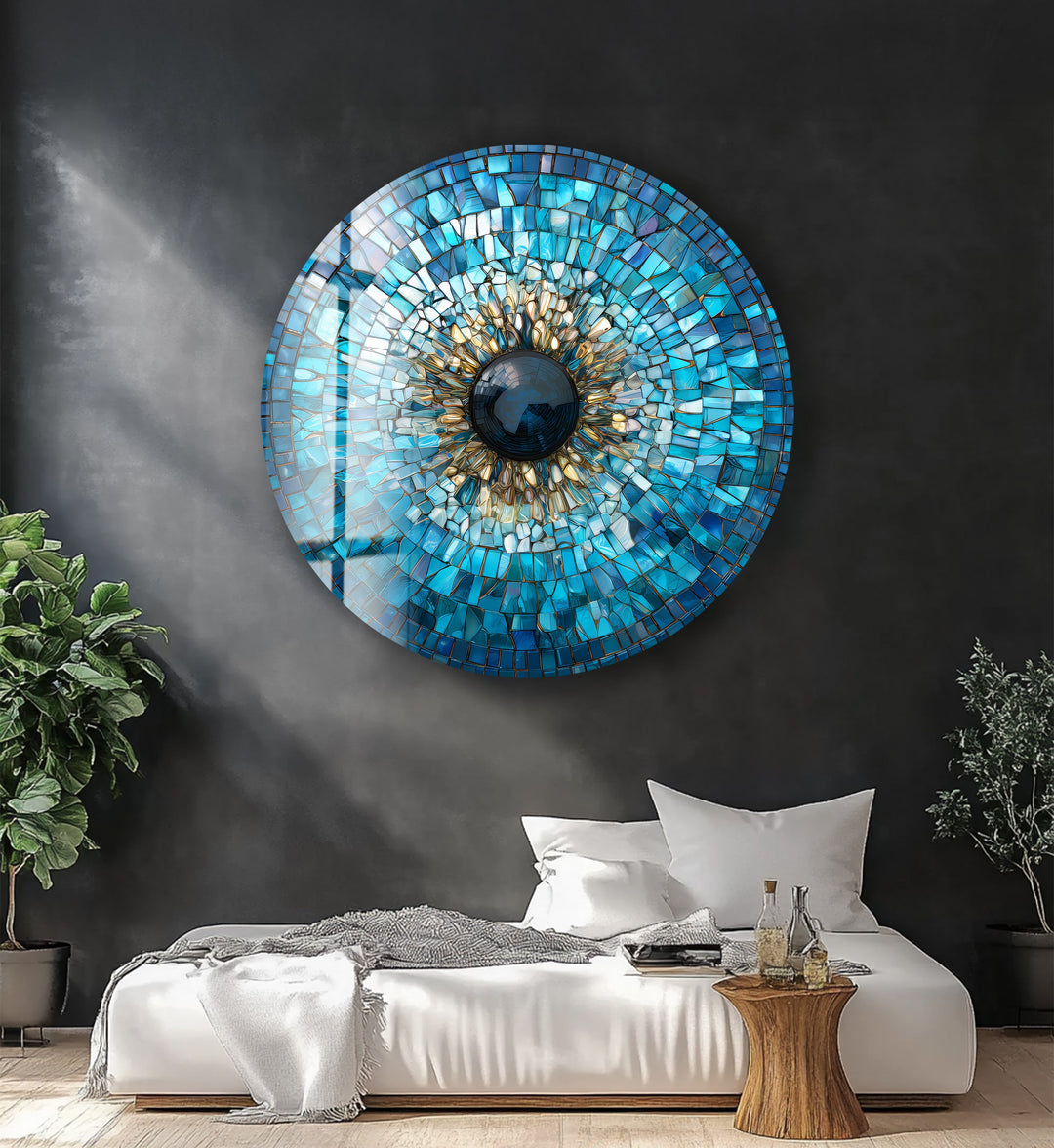 Golden Blue Mosaic Evil Eye – Round Glass Wall Art