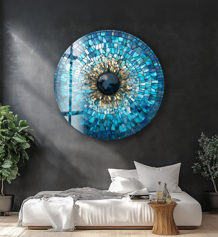 Golden Blue Mosaic Evil Eye – Round Glass Wall Art