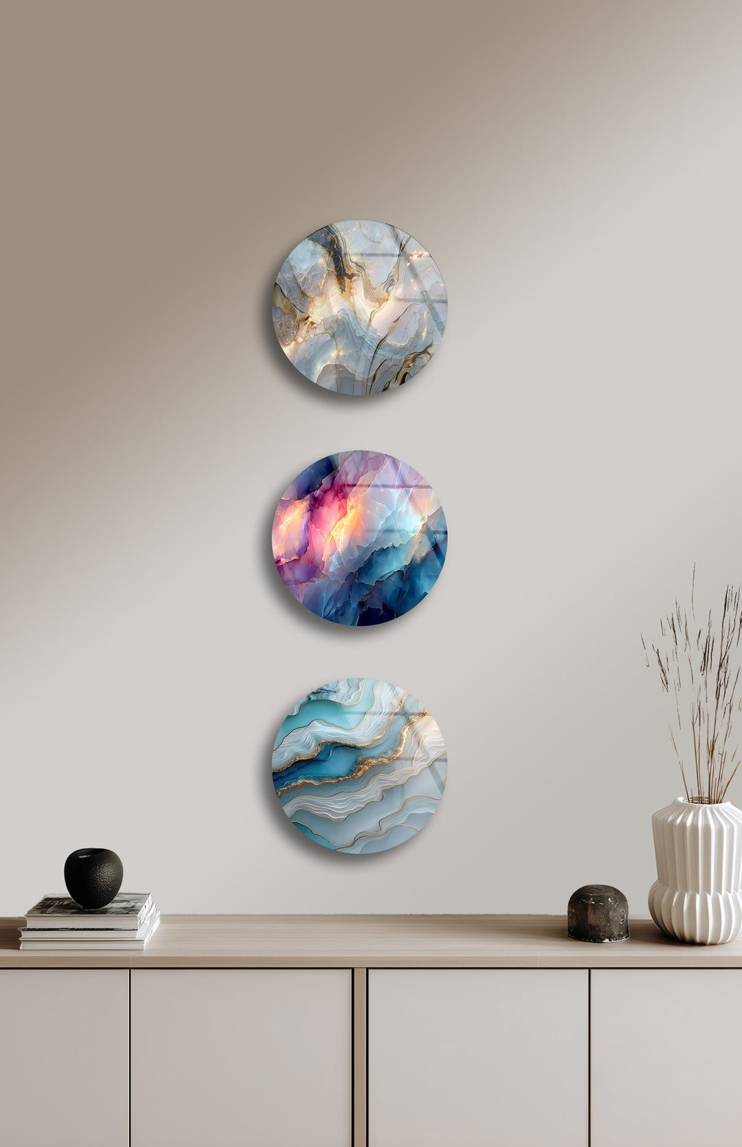 Luxury round tempered glass wall art for interiors
