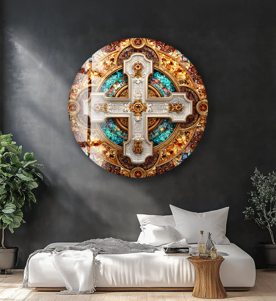 Showcasing the layering effect, the imperial cross mosaic round art from glass displays intricate patterns in gold and jewel tones, offering a captivating visual depth.