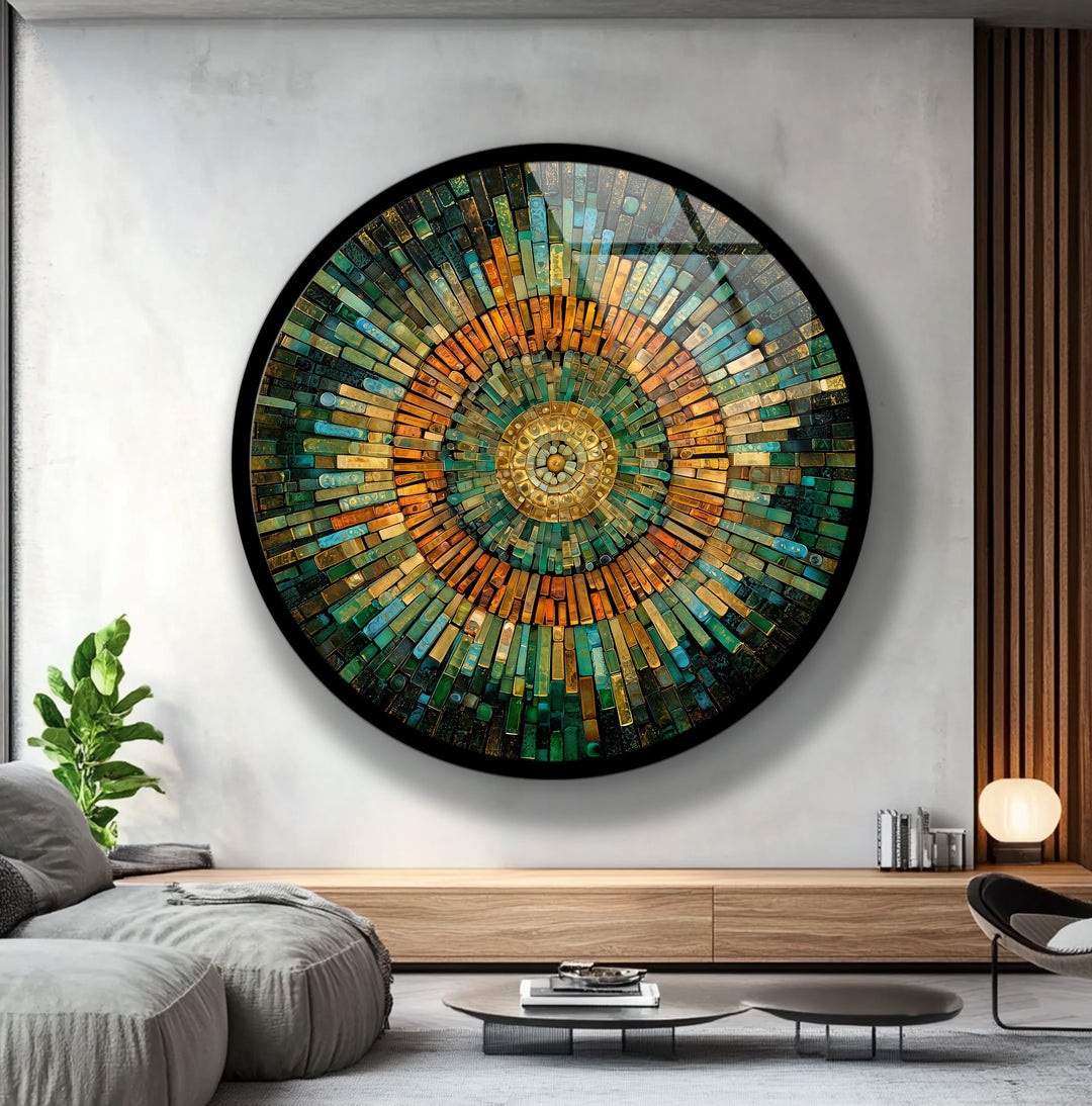 Golden Horizon – Emerald & Amber Mosaic Round Glass Wall Art