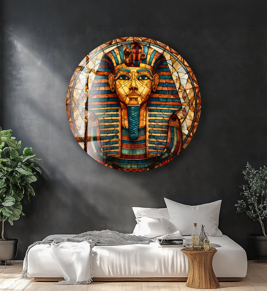 Pharaoh Tutankhamun's mosaic-style visage, rendered in round glass, commands attention as a unique piece of home decoration showcasing ancient Egyptian artistry.