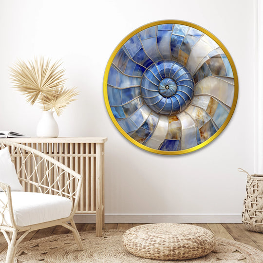 Reflecting depth, the darkest area of the coastal nautilus glow round glass wall art adds contrast to this piece of unique modern wall decor.