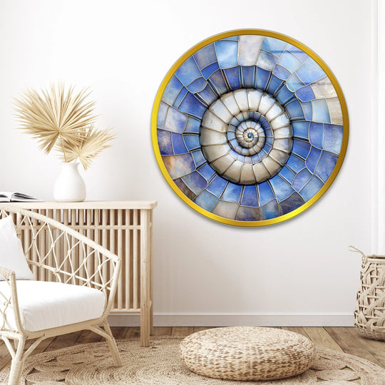 Featuring a gold-tone edge and mosaic-style borders, this round glass wall art brings an elegant finishing touch to these celestial shell spiral wall prints.
