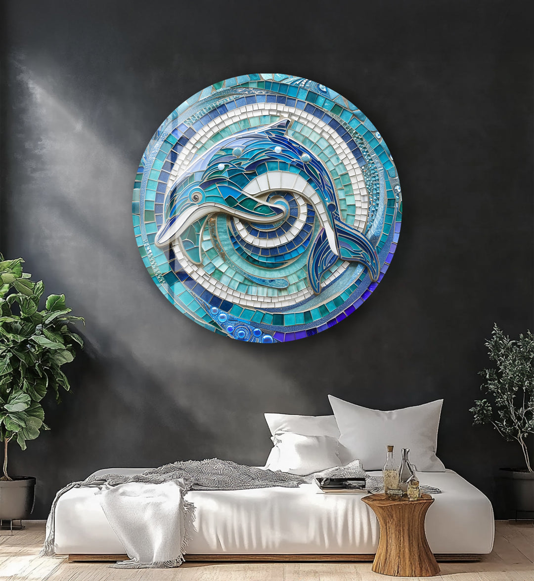 Ocean Harmony – Dolphin Mosaic Round Glass Wall Art