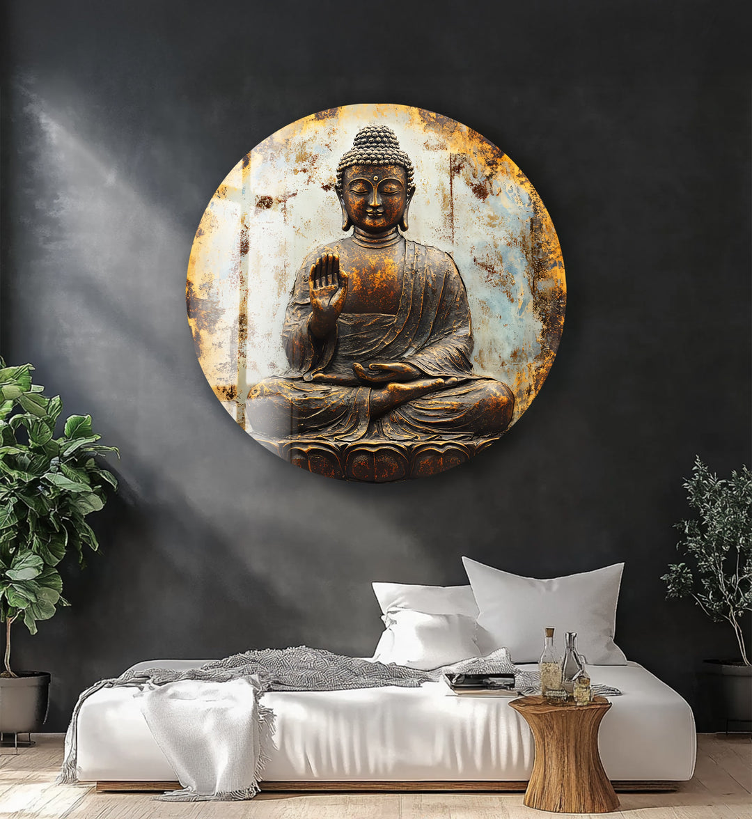Rustic Buddha Calm – Round Glass Wall Art