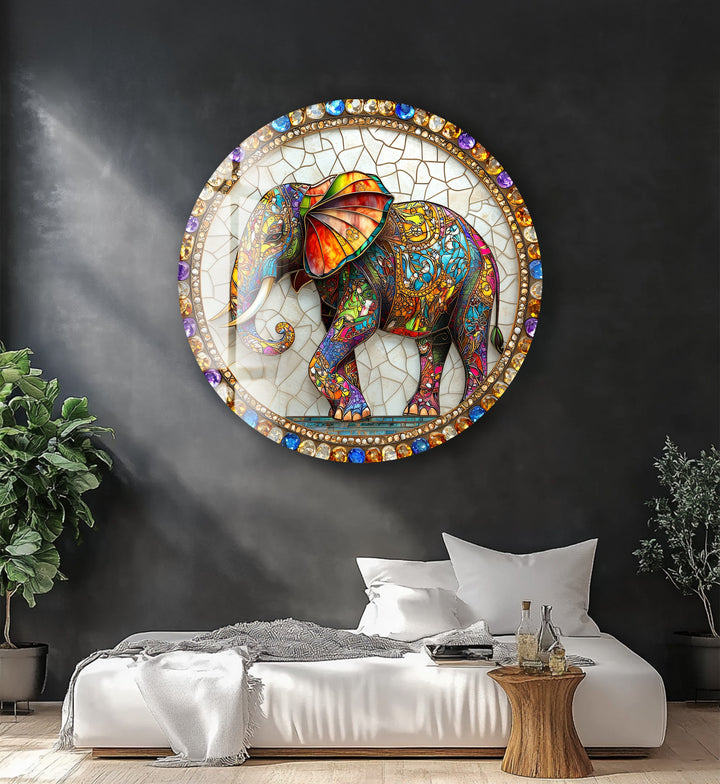 Regal Mosaic Elephant – Round Glass Wall Art