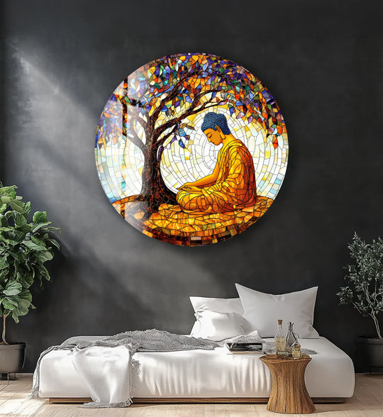 Foreground shows a white bed with a gray throw and a wooden side table displaying the 'Beneath the Bodhi' round glass print wall art piece hanging behind.