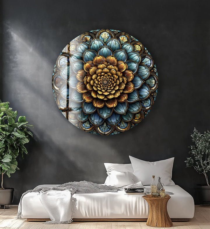 Golden Mandala Bloom – Round Glass Wall Art
