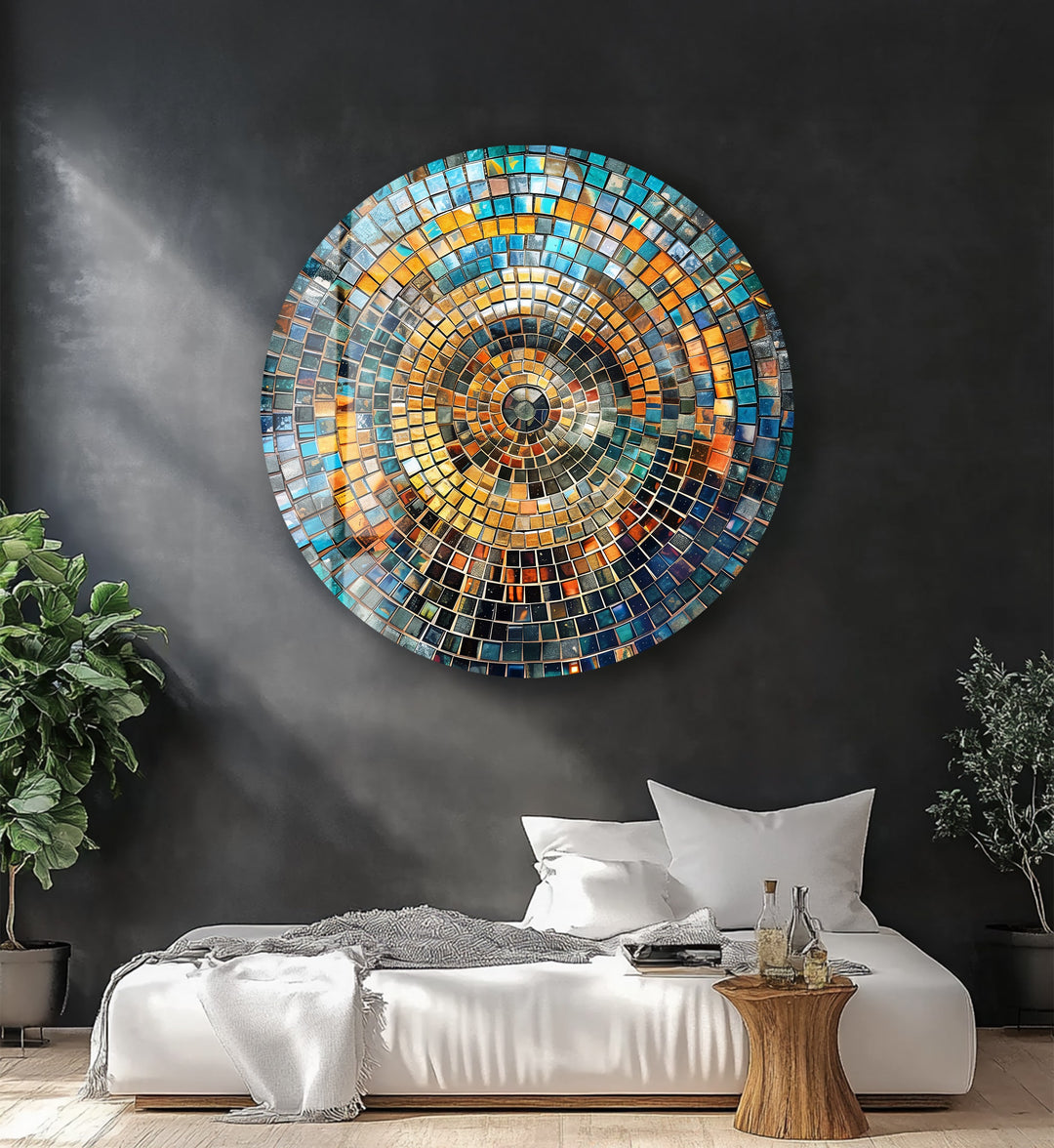 Aurora Mosaic – Radiant Blue and Gold Round Glass Wall Art