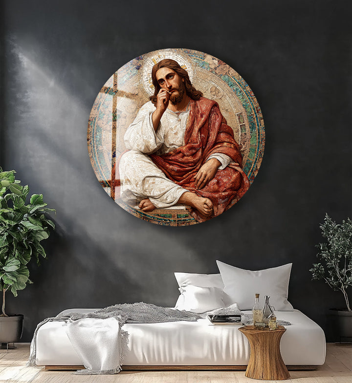 Contemplative Christ Mosaic – Round Glass Wall Art