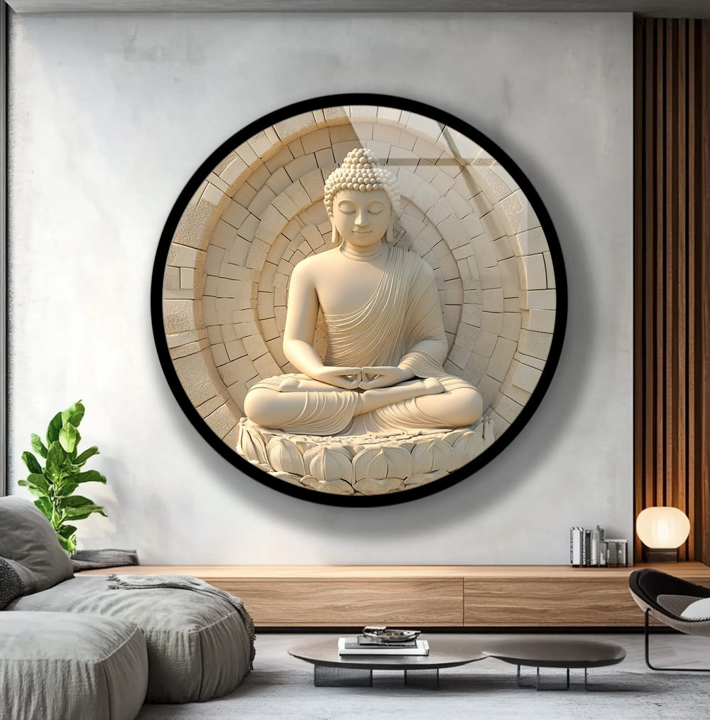 Serene White Buddha in Lotus – Round Glass Wall Art - MyPhotoStation