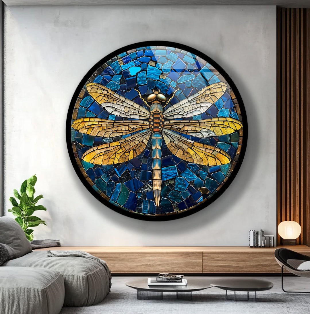 Golden Dragonfly – Blue Mosaic Round Glass Wall Art