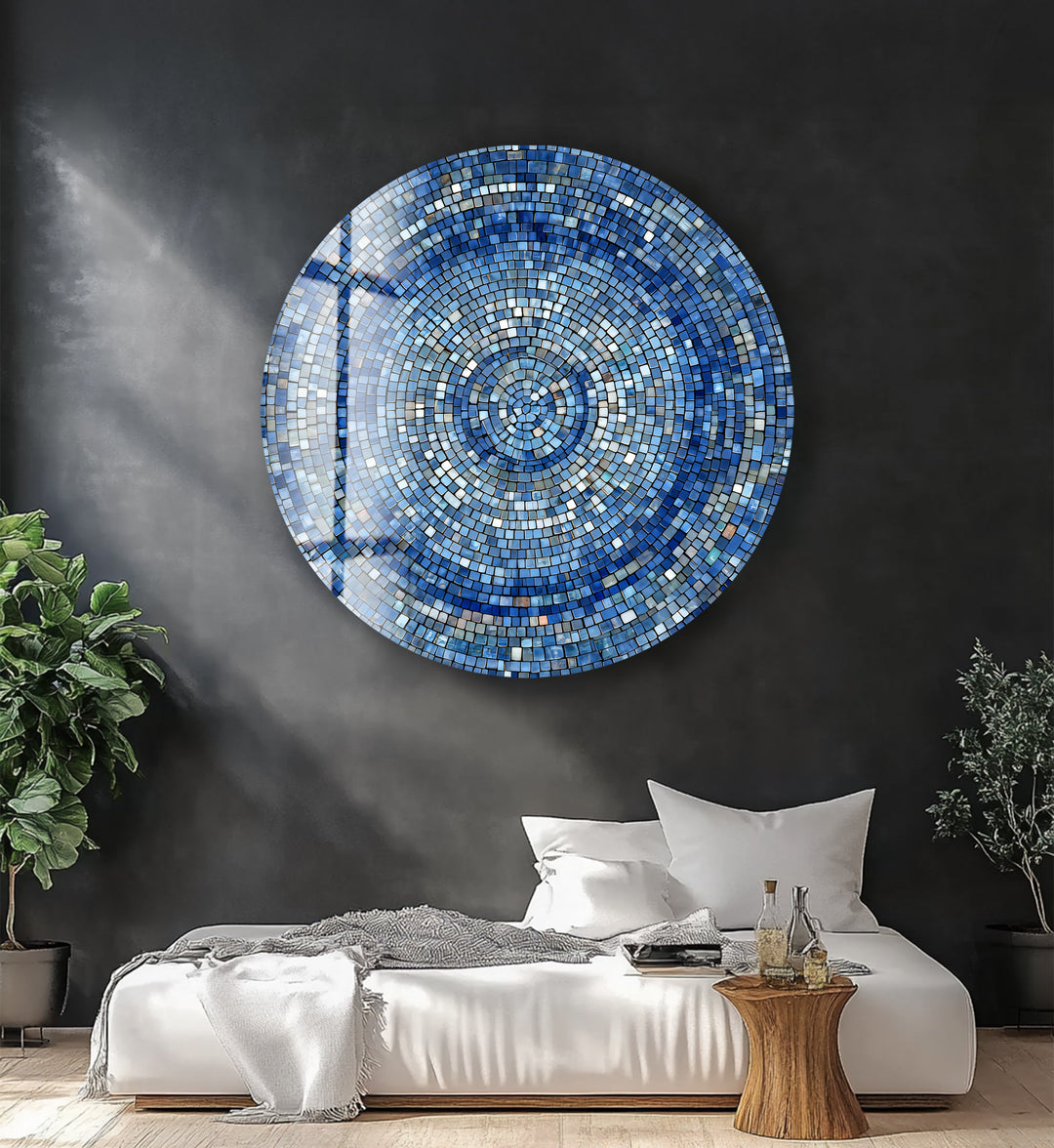 Celestial Blue Mosaic – Round Glass Wall Art