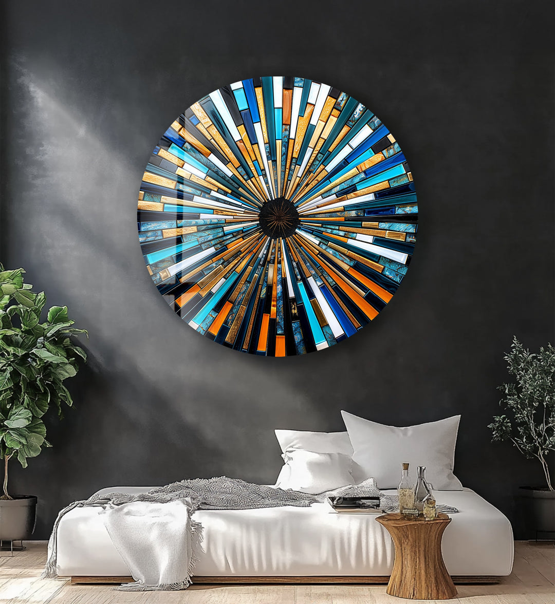 Solar Flare – Blue and Gold Geometric Mosaic Round Glass Wall Art