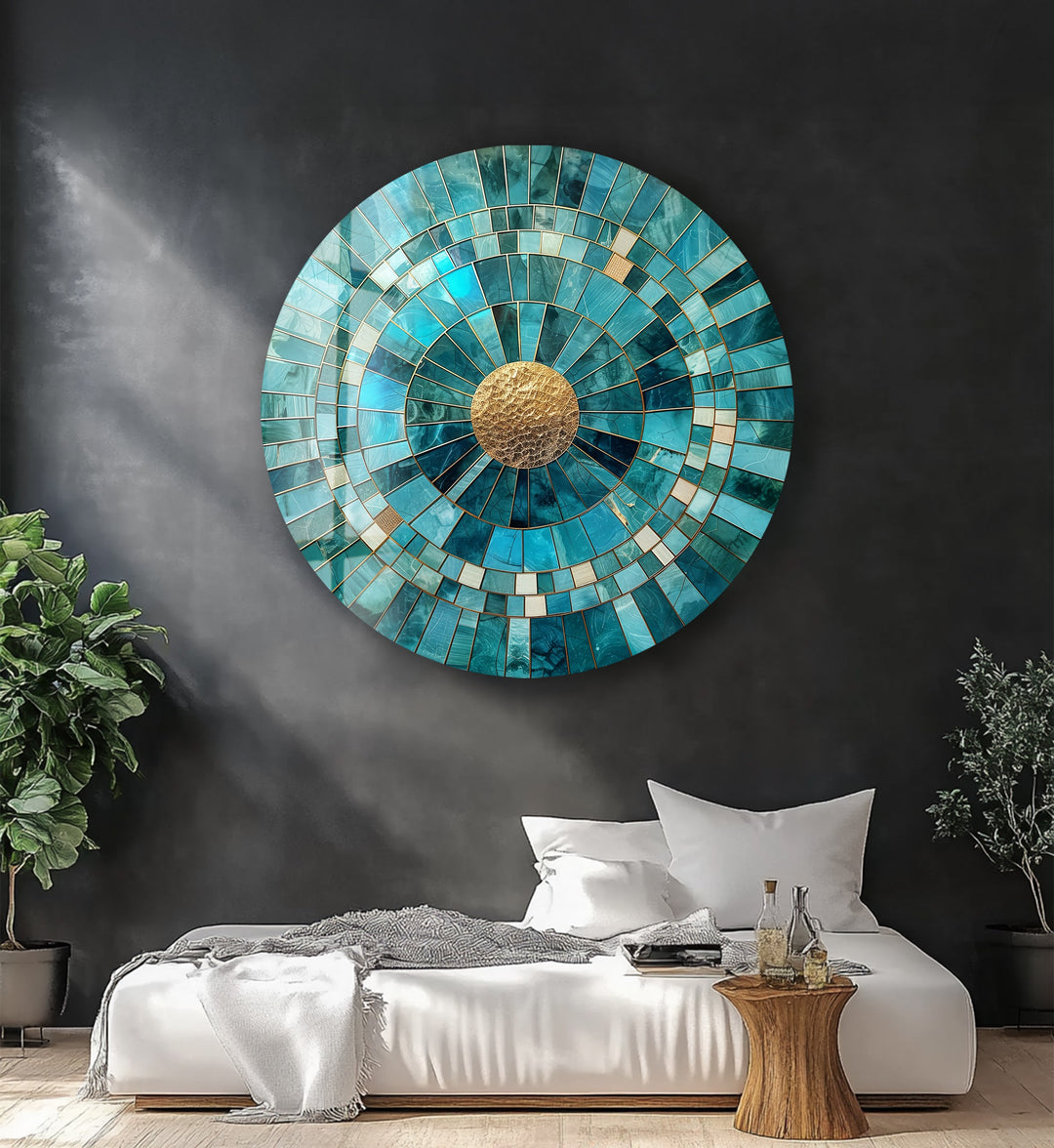 Golden Core – Turquoise Radiance Round Glass Wall Art