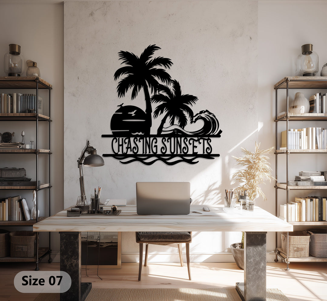Chasing Sunsets Metal Wall Art – Palm Tree & Ocean Wave Design