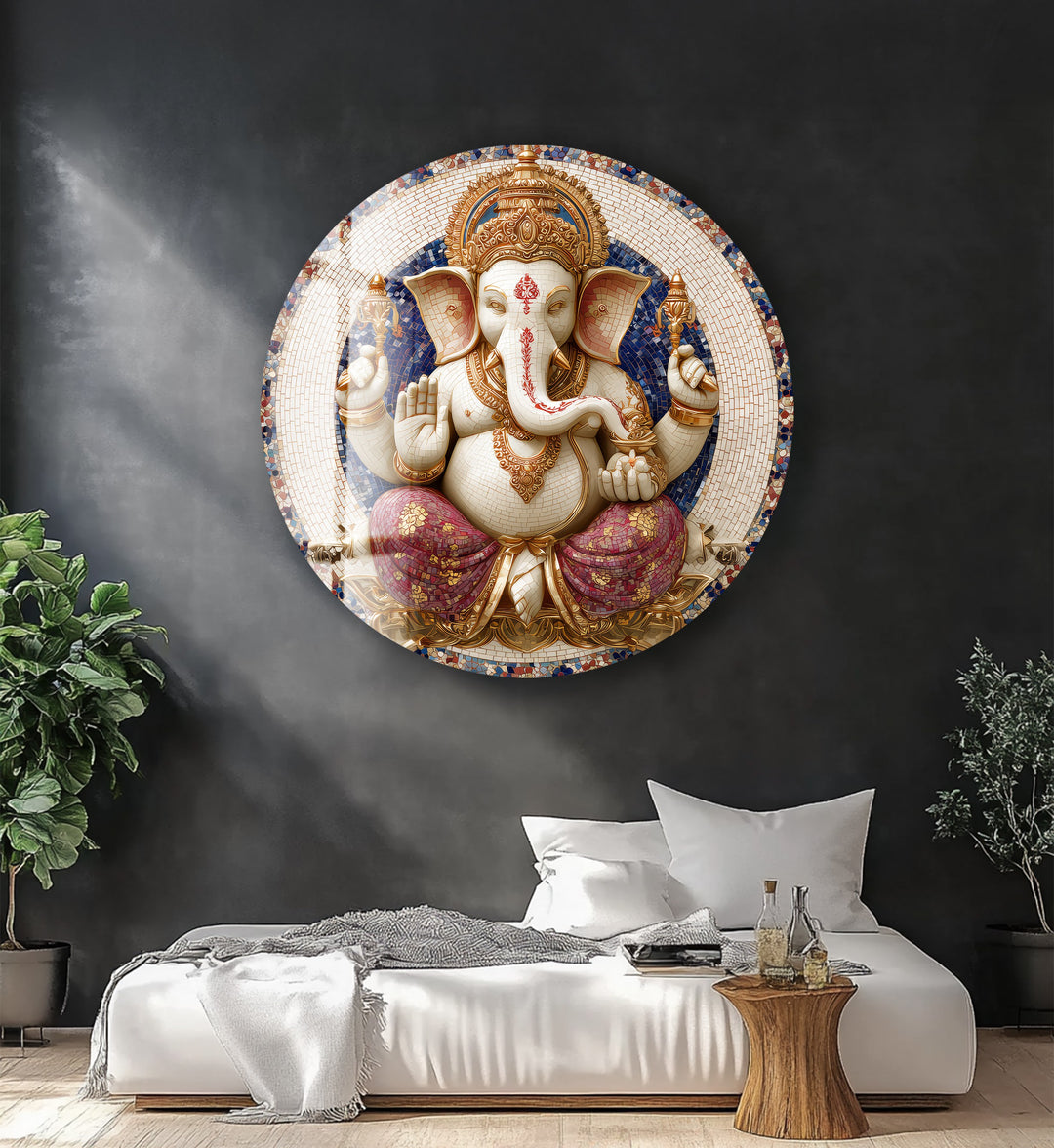 Golden Grace Ganesha – Round Glass Wall Art