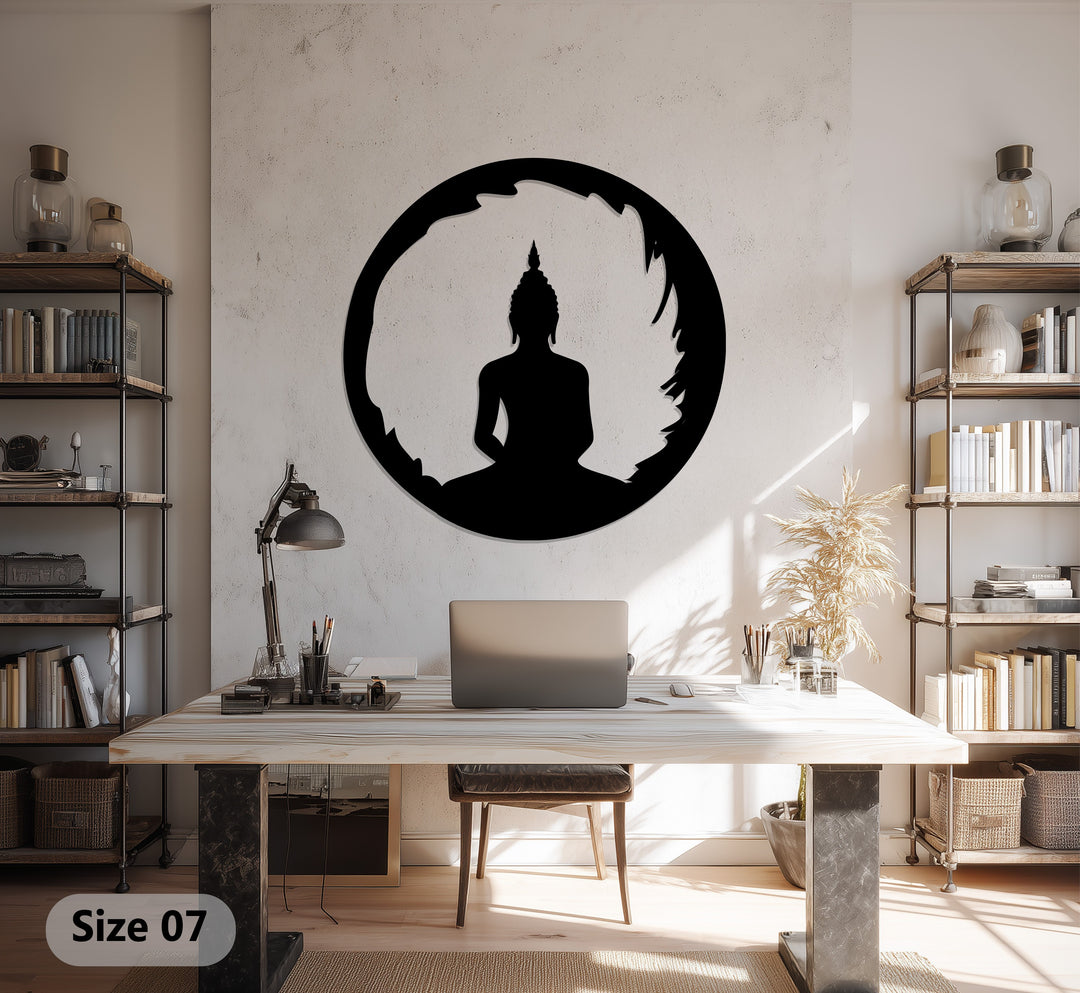Round Buddha Silhouette – Spiritual Meditation Metal Wall Art