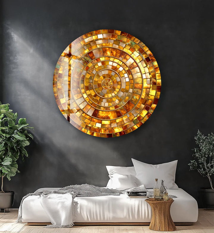 Golden Spiral Radiance – Gold Round Glass Wall Art