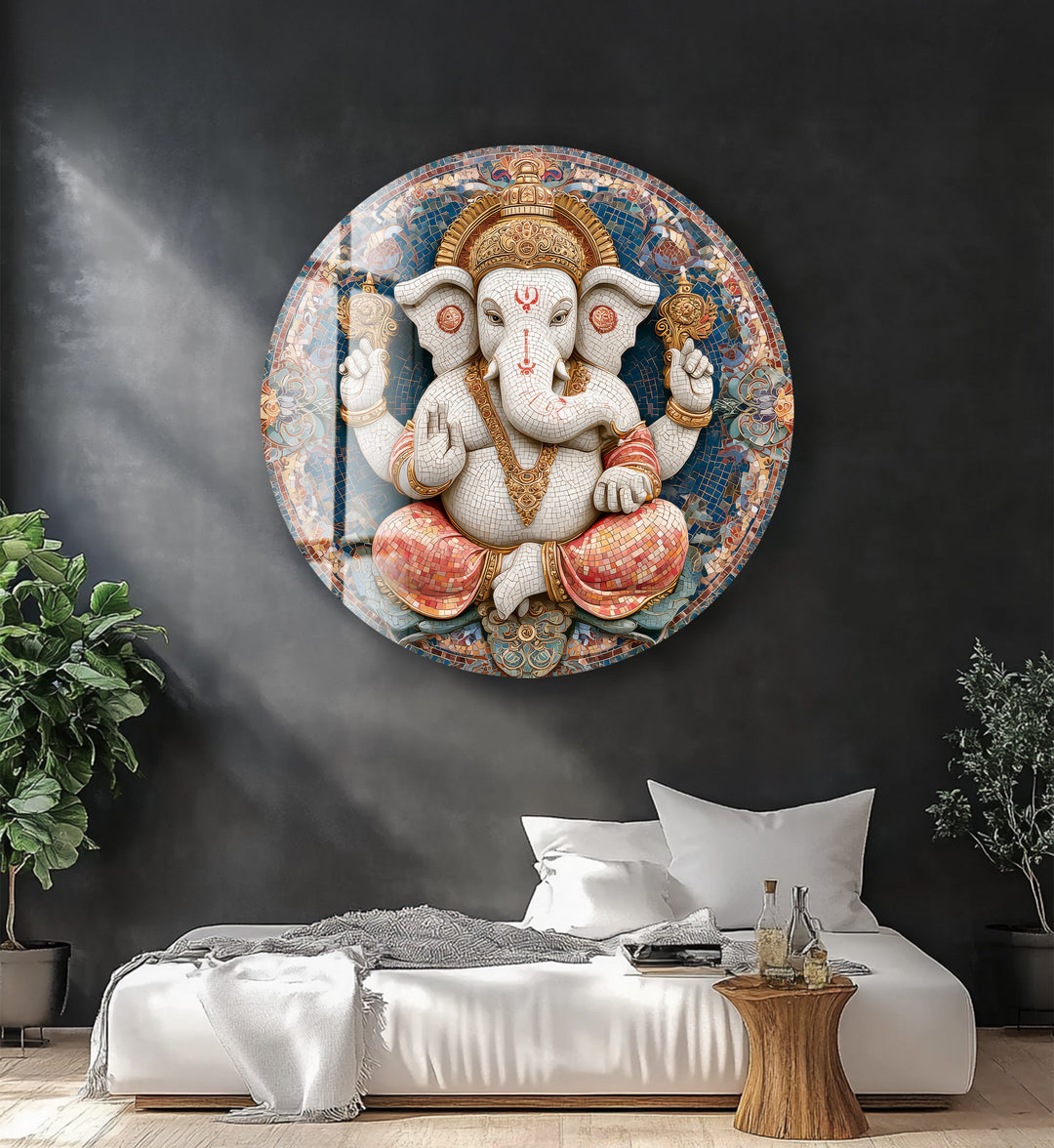 Divine Lotus Ganesha – Round Glass Wall Art