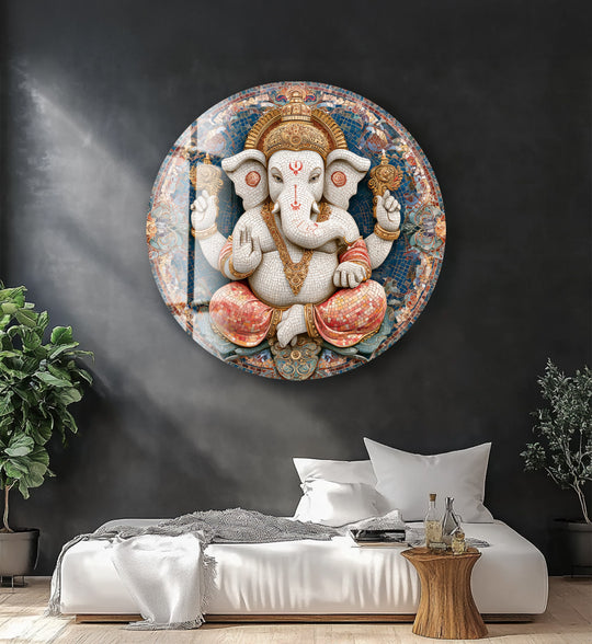 Round Glass Wall Art featuring divine Ganesha and lotus mosaic art in gold coral and blue perfect as Buddha Wall Art to bless your home
