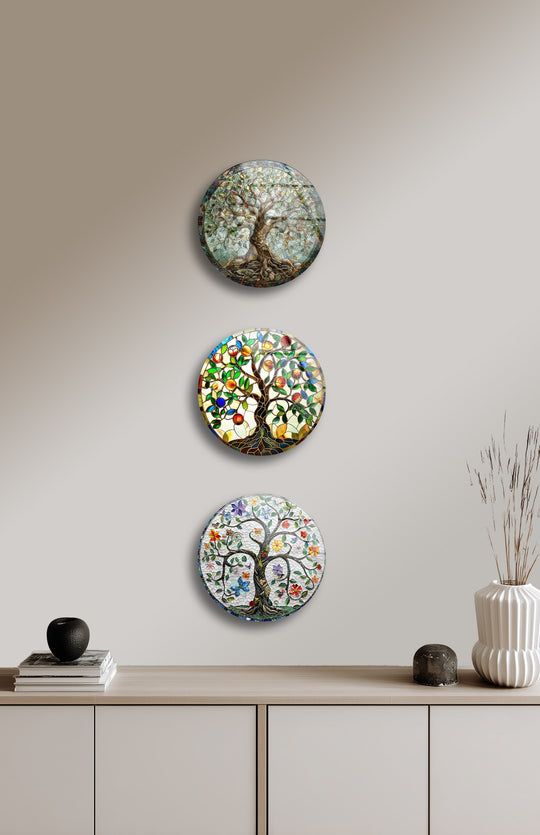 Round glass wall art features a mosaic tree of life design and bright colors a boho nature inspired decor and unique wall art for the home