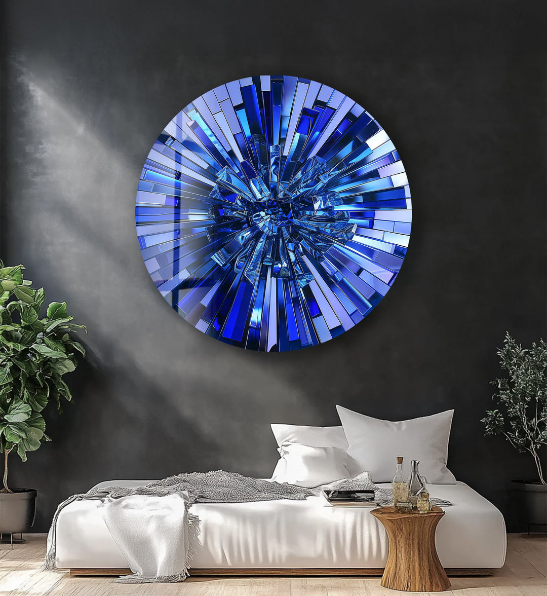 Sapphire Burst – Modern Blue Mosaic Round Glass Wall Art