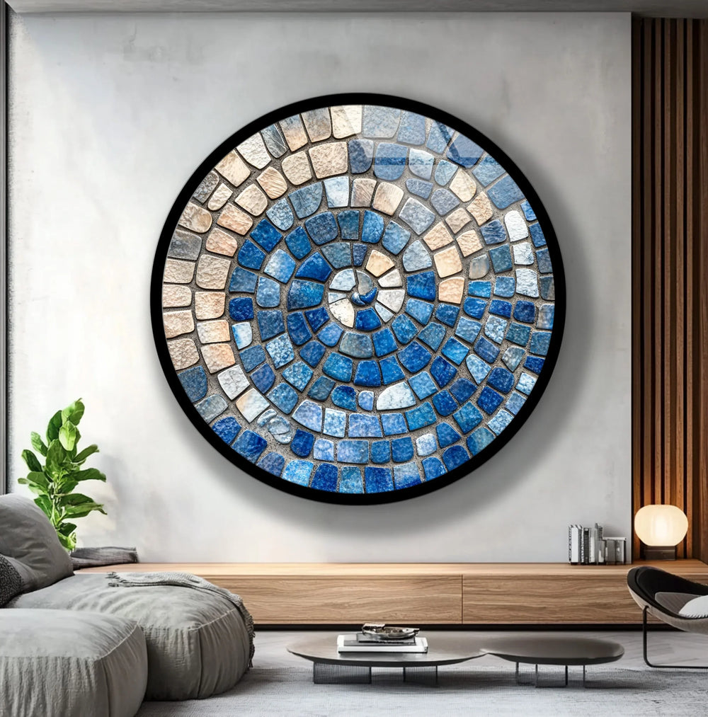 Ocean Spiral Mosaic – Blue and Sand Round Glass Wall Art - MyPhotoStation