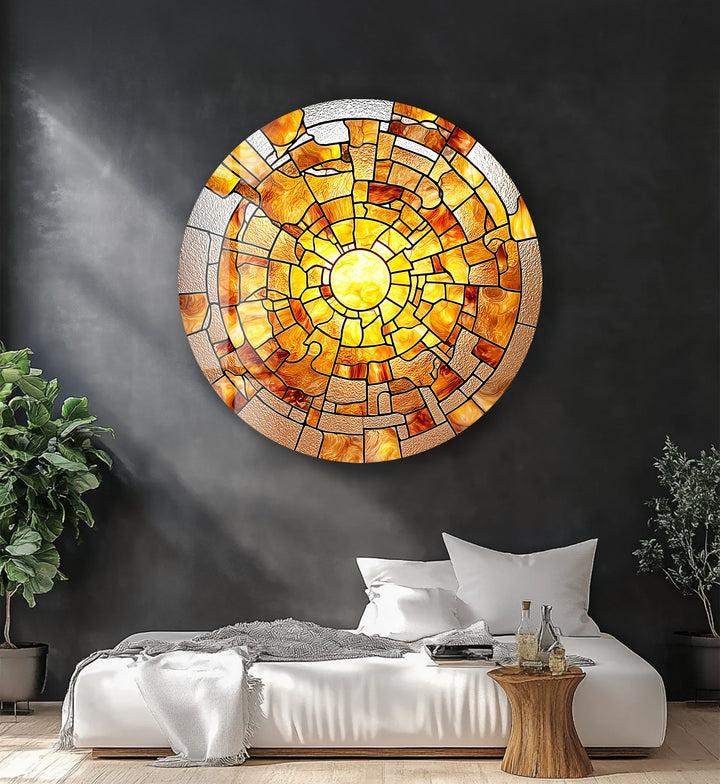 Amber Solar Burst – Round Glass Wall Art