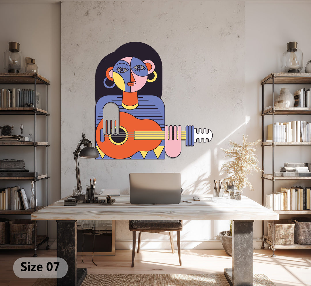 Cubist Woman with Guitar Metal Wall Art – Modern Abstract Music Decor
