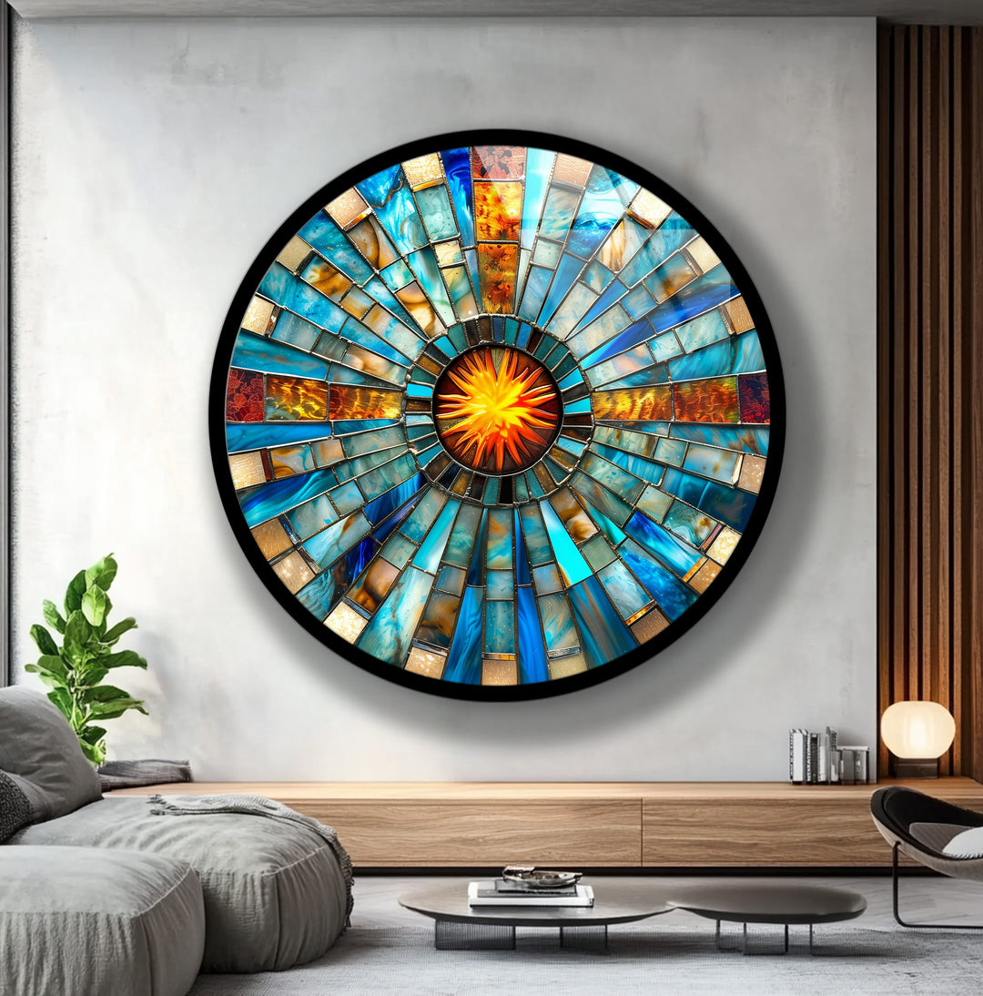 Solar Pulse – Blue & Amber Mosaic Round Glass Wall Art