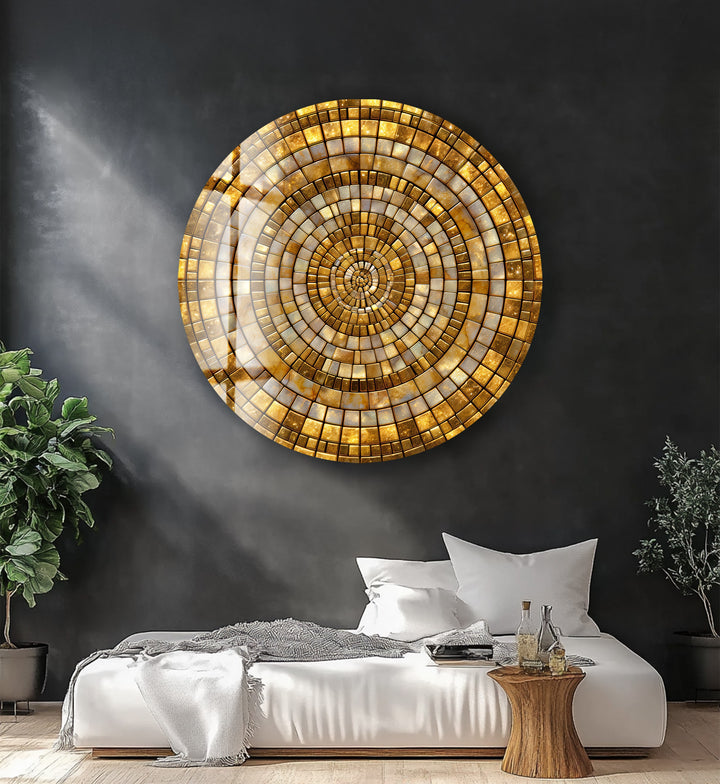 Golden Shimmering Mosaic – Round Glass Wall Art
