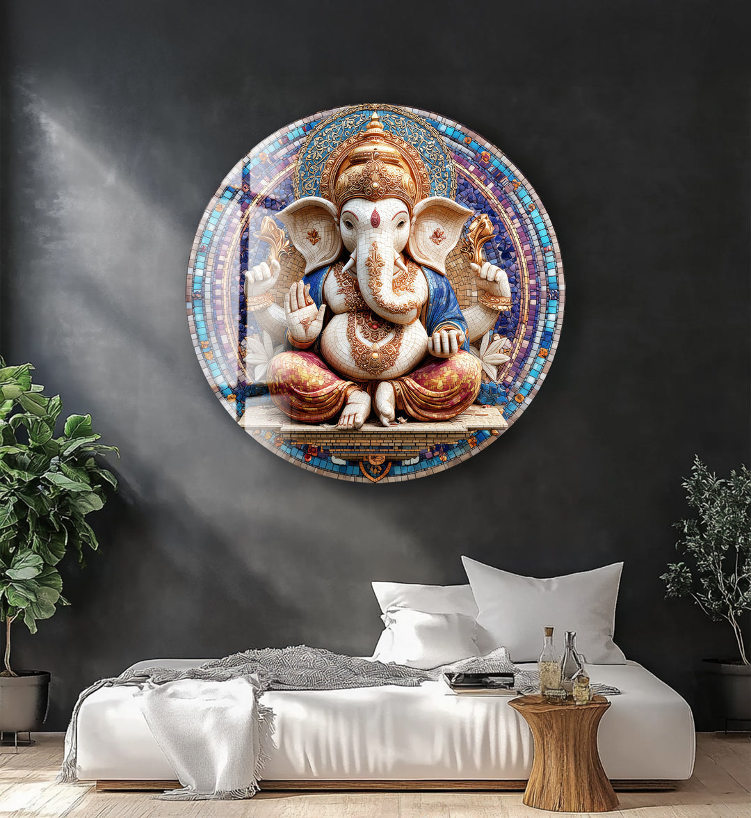 Divine Ganesha Mosaic – Round Glass Wall Art