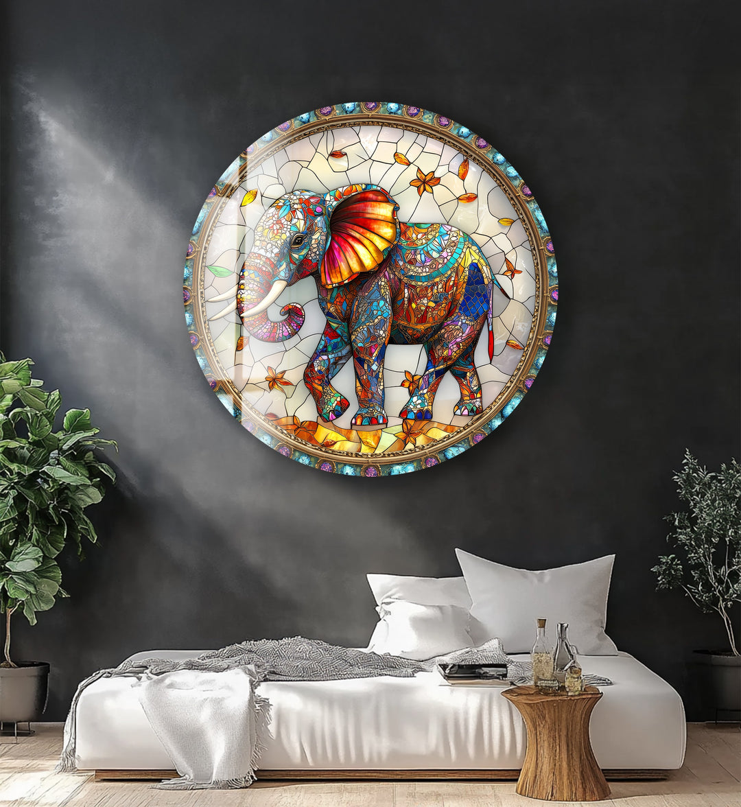 Majestic Mosaic Elephant – Round Glass Wall Art