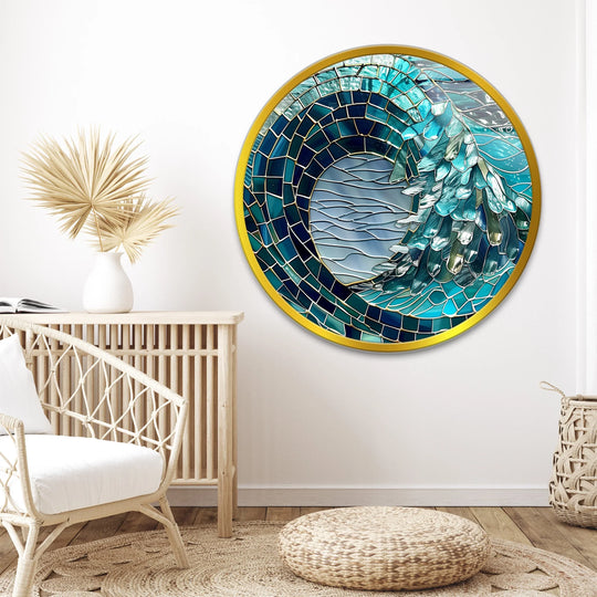 Highlighting the layering effect, the turquoise wave in this round glass wall art creates a mesmerizing focal point for coastal home decor.