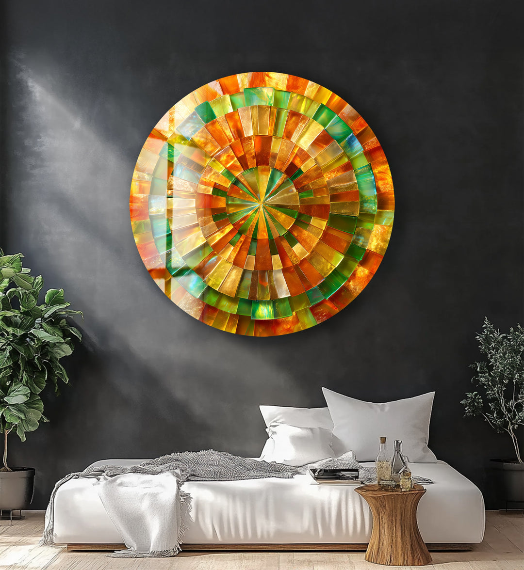 Verdant Sun Spiral – Round Glass Wall Art