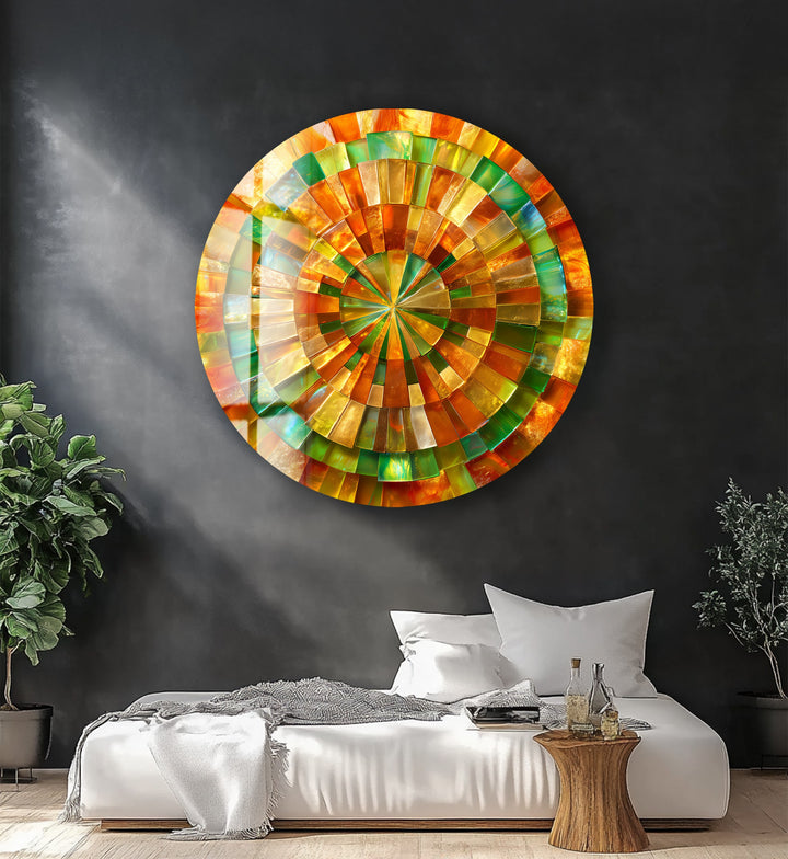 Verdant Sun Spiral – Round Glass Wall Art