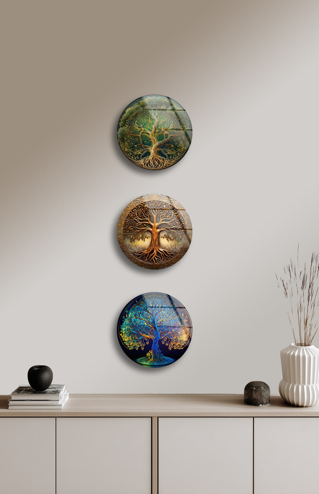 Tree of Life Round Glass Wall Art Set – Spiritual Nature-Inspired Decor