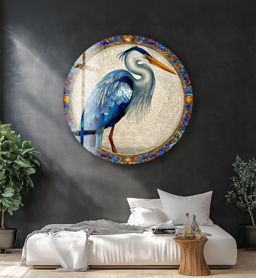 Regal Blue Heron – Round Glass Wall Art