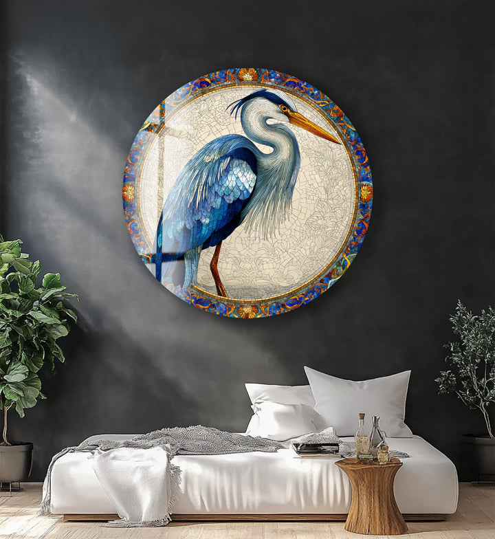 Regal Blue Heron – Round Glass Wall Art