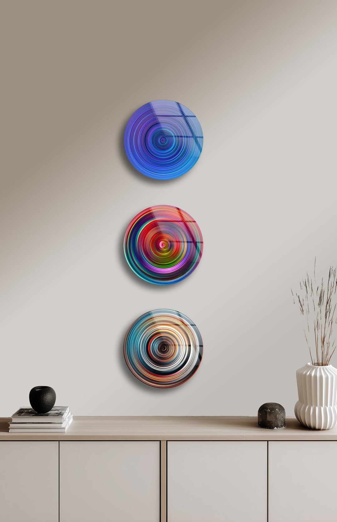 Vibrant Spiral Round Glass Wall Art Set – Modern Abstract Color Decor