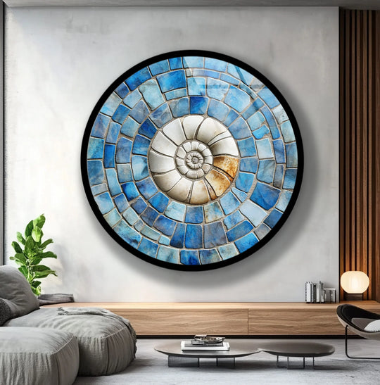 Bright and airy, the background emphasizes the Coastal Fossil Spiral round glass wall art decor, highlighting its place as a central focus within the interior design.