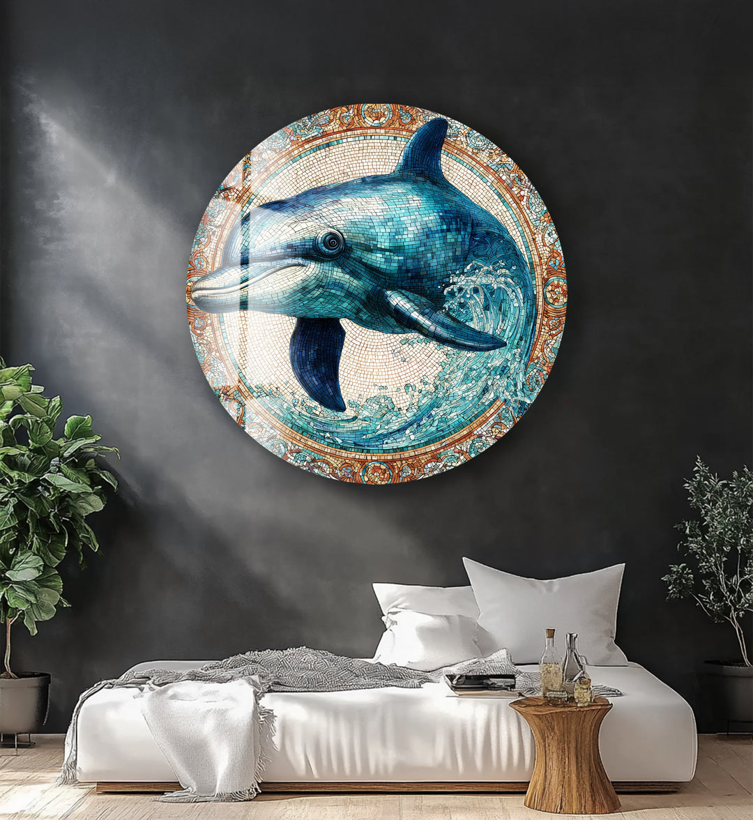 Cerulean Joy Dolphin – Round Glass Wall Art